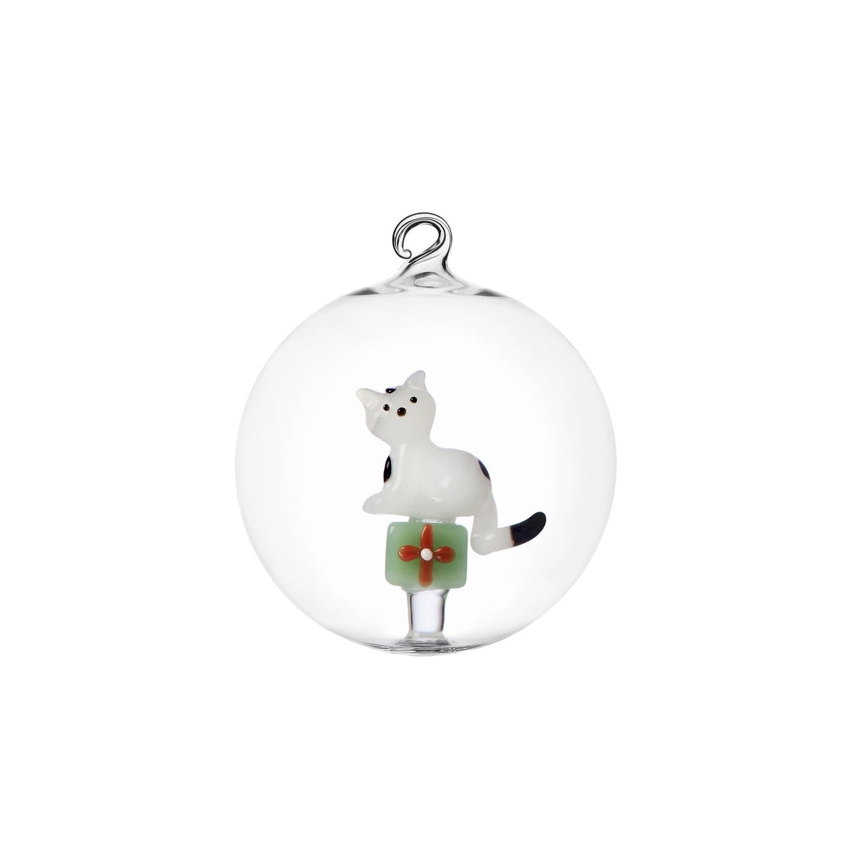TABBY CAT CHRISTMAS EDITION palla Natale gatto bianco con regalo verde