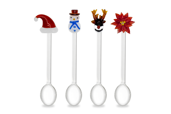 Set 4 cucchiaini con decori PUPAZZO DI NEVE, STELLA DI NATALE, RENNA, CAPPELLINO.