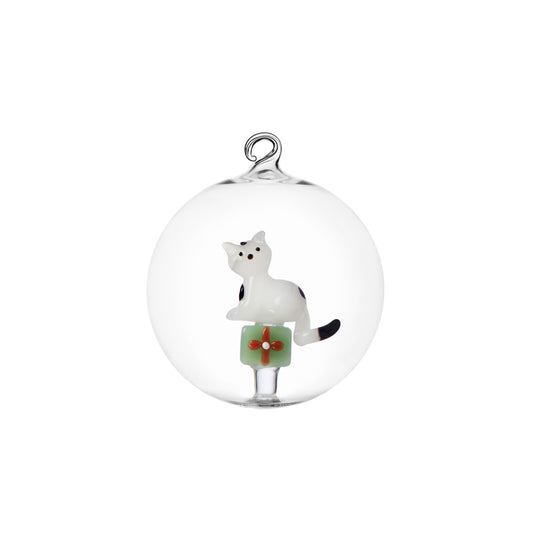 TABBY CAT CHRISTMAS EDITION palla Natale gatto bianco con regalo verde