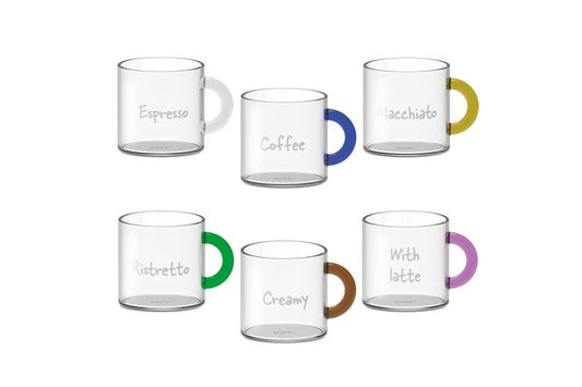 Set 6 tazze da caffè 100 ml in vetro borosilicato. Manici e scritte MISTI.