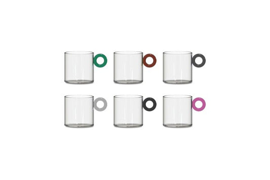 Set 6 tazze da caffè in vetro borosilicato con manico colorato ad anello 100 ml. Manici COLORI MISTI.