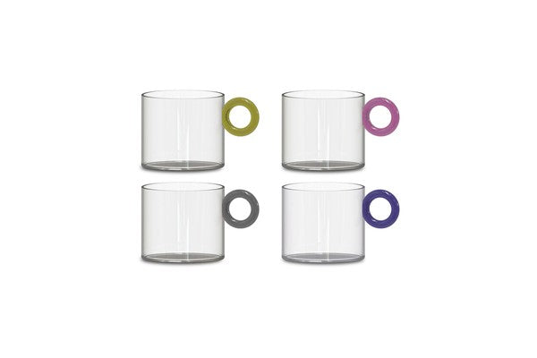 Set 4 tazze in vetro borosilicato con manico ad anello 300 ml. Manici COLORI MISTI.