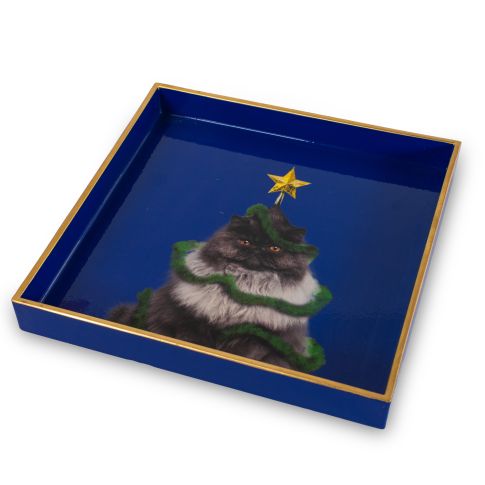 Vassoio svuota tasche  Quadrato 20 x 20 cm. Decoro gatto natalizio.